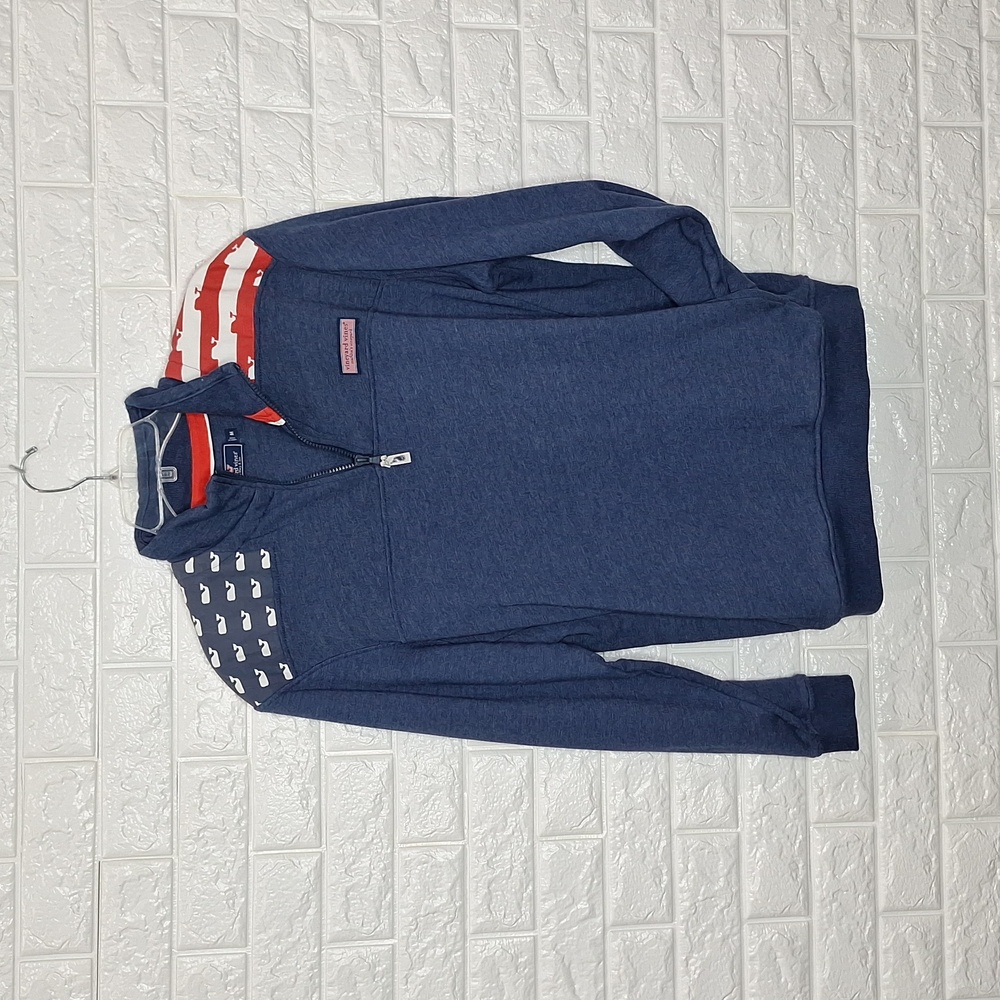VINEYARD VINES Navy Whale Flag Pullover Kangaroo Pocket Sweatshirt
